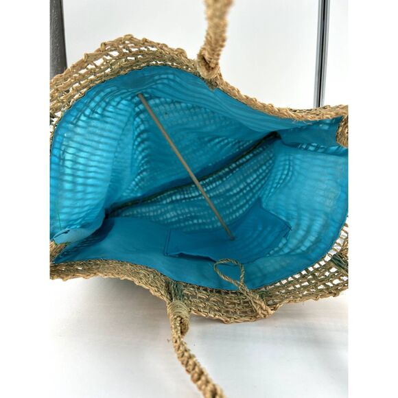 Jute Tote Aqua Polyester Fabric Lining With Interior Pocket Wood Button Closure - Picture 6 of 8
